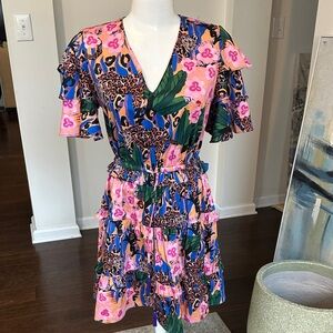 Alden Adair Ruffled Jungle Print Dress XS